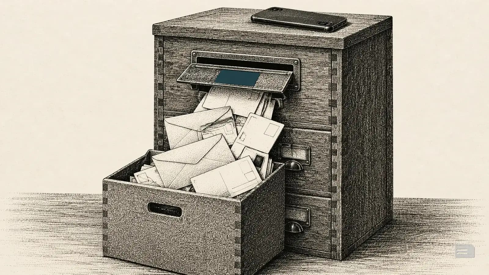 Stipple engraving of a letter cabinet spilling envelopes into an archive box, a phone on top