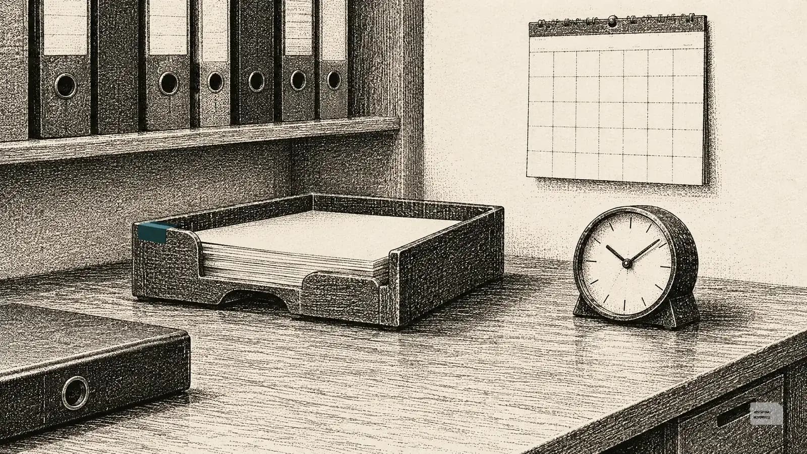 Stipple engraving of a desk corner with a shelf of binders, a blank calendar, a tray and a clock