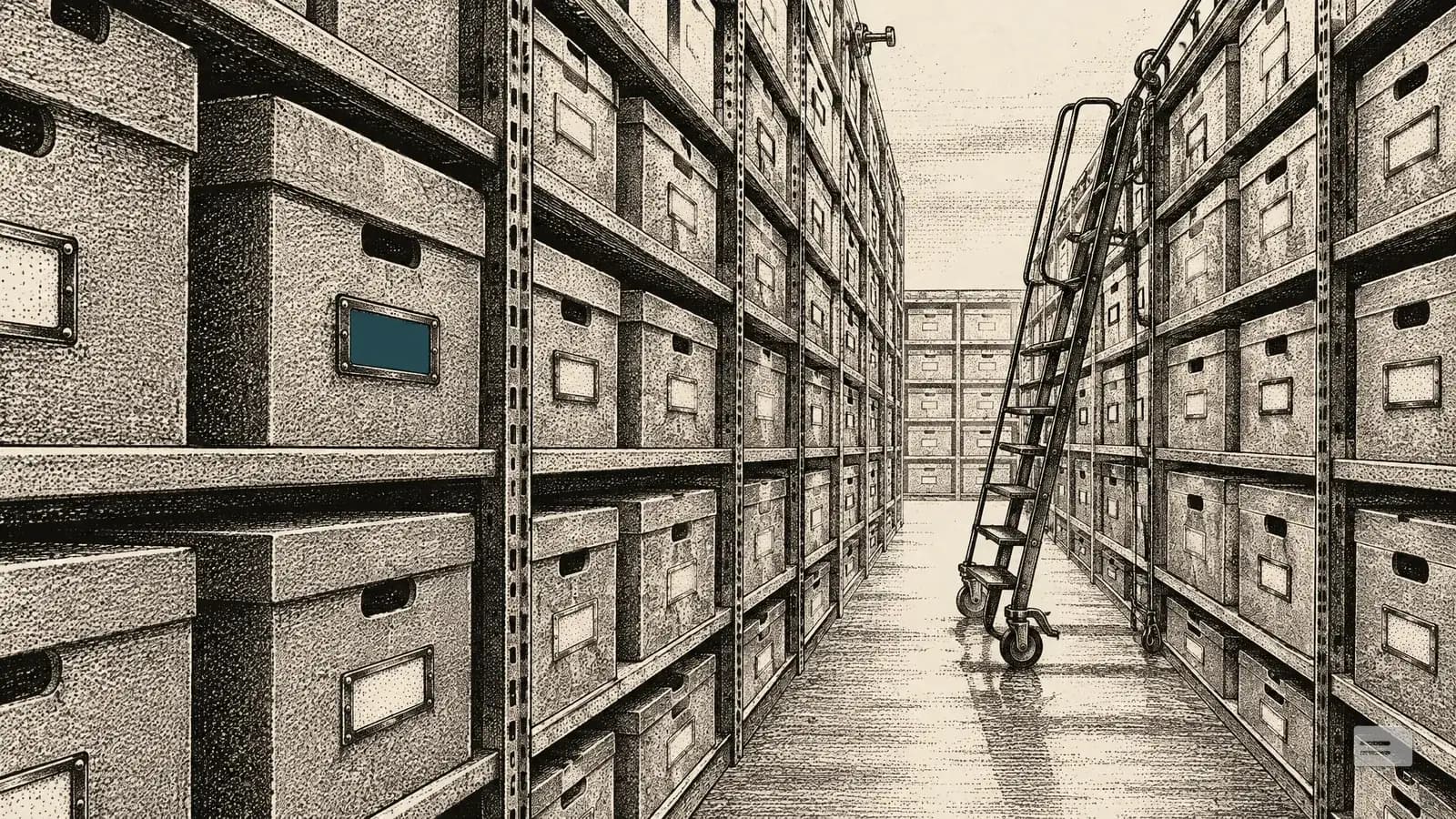 Stipple engraving of a records room aisle between tall shelves of archive boxes