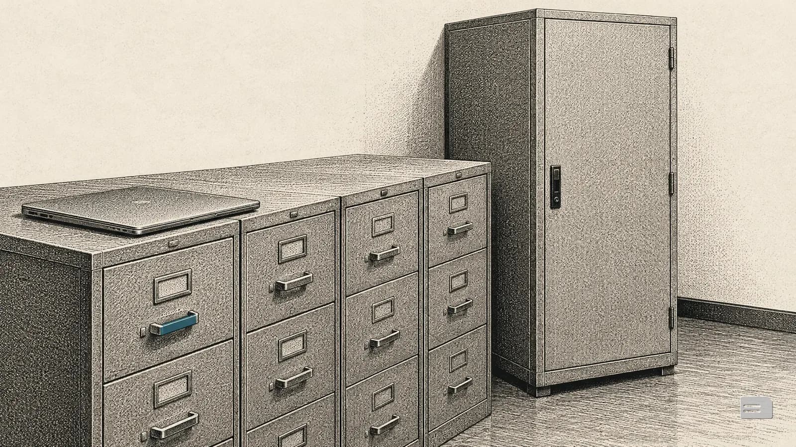 Stipple engraving of a server cabinet beside a row of filing cabinets with a laptop on top