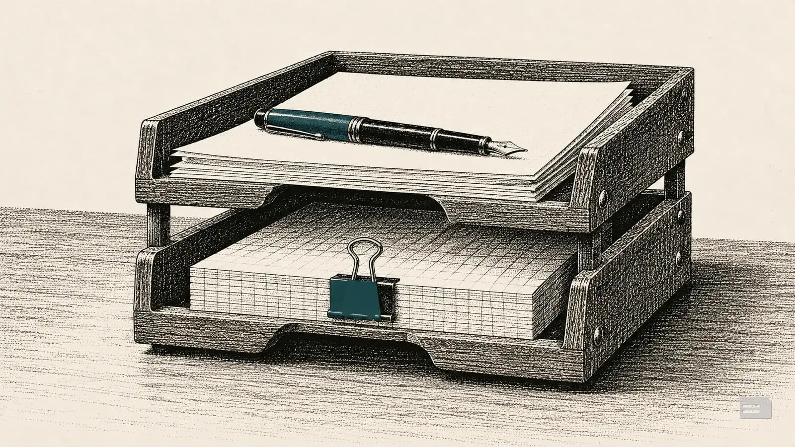 Stipple engraving of a two-level letter tray of blank sheets with a clipped stack and a pen