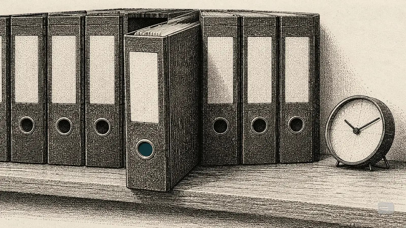 Stipple engraving of lever-arch files on a shelf, one pulled half out, beside a desk clock