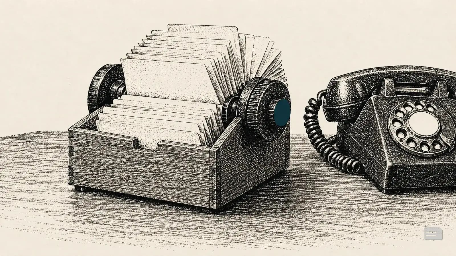 Stipple engraving of a rotary card file of plain cards beside a desk telephone