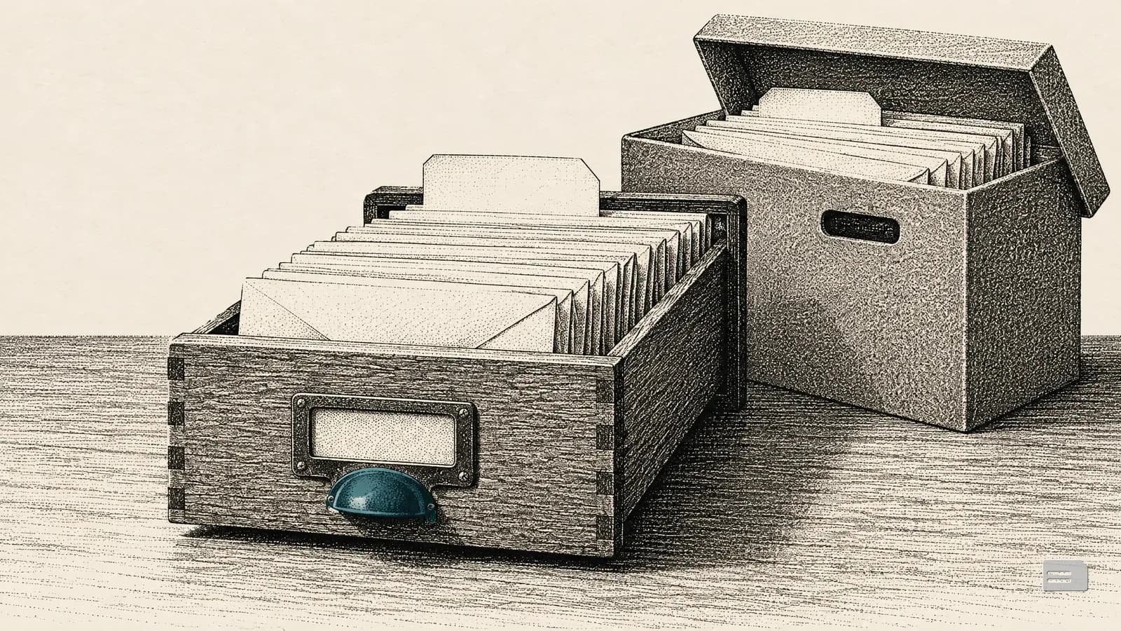 Stipple engraving of envelopes filed upright in a long index drawer beside a full archive box