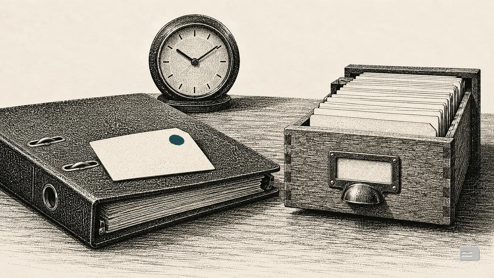 Stipple engraving of a ring binder, an open card drawer and a desk clock with a bare dial