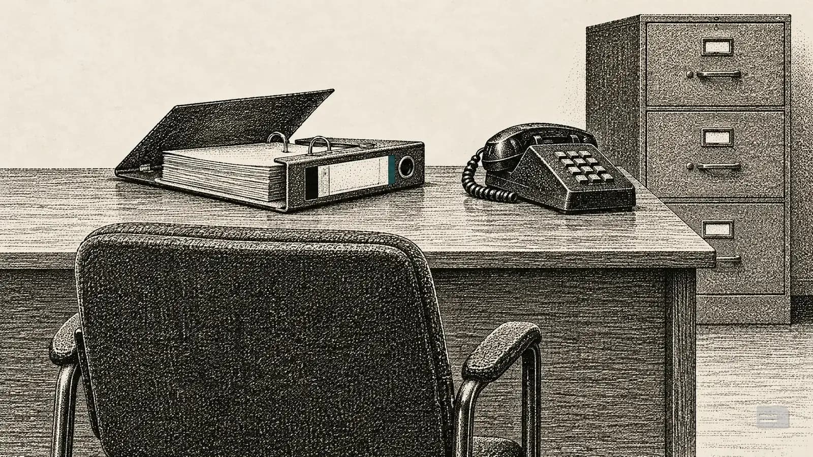 Stipple engraving of an empty visitor's chair facing a desk with an open file and a desk phone