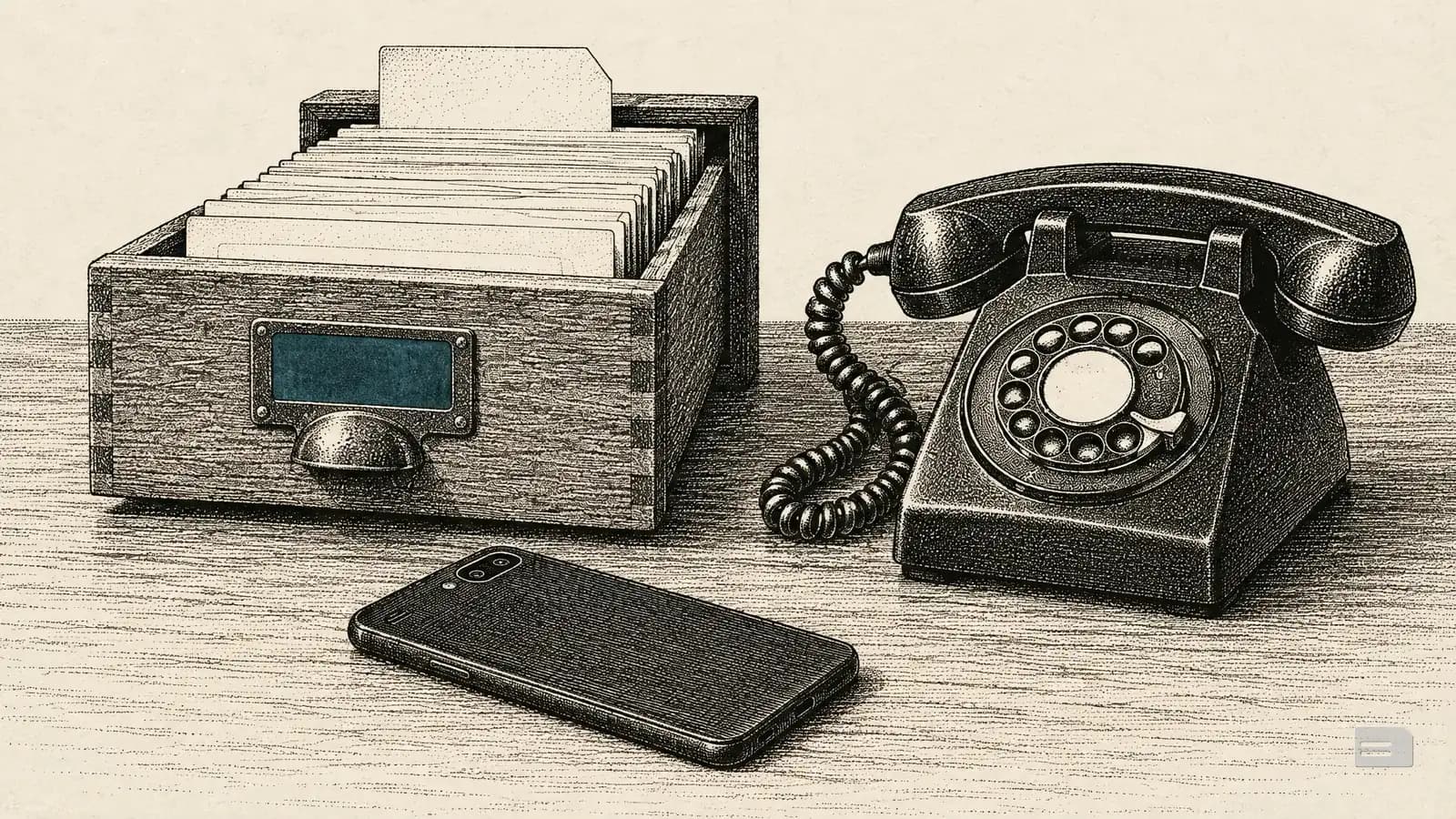 Stipple engraving of a desk telephone, a face-down mobile phone and an archive box of cards