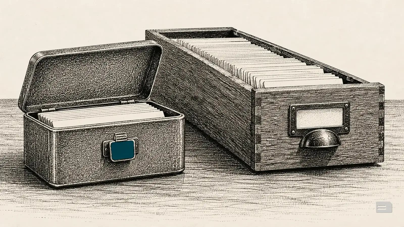 Stipple engraving of a small tin card box of few cards beside a long full index drawer