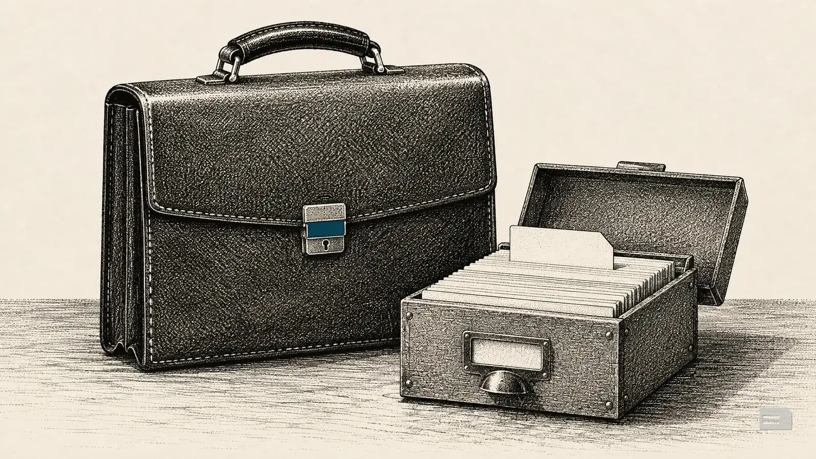 Stipple engraving of a briefcase standing beside an open card box with one guide card raised