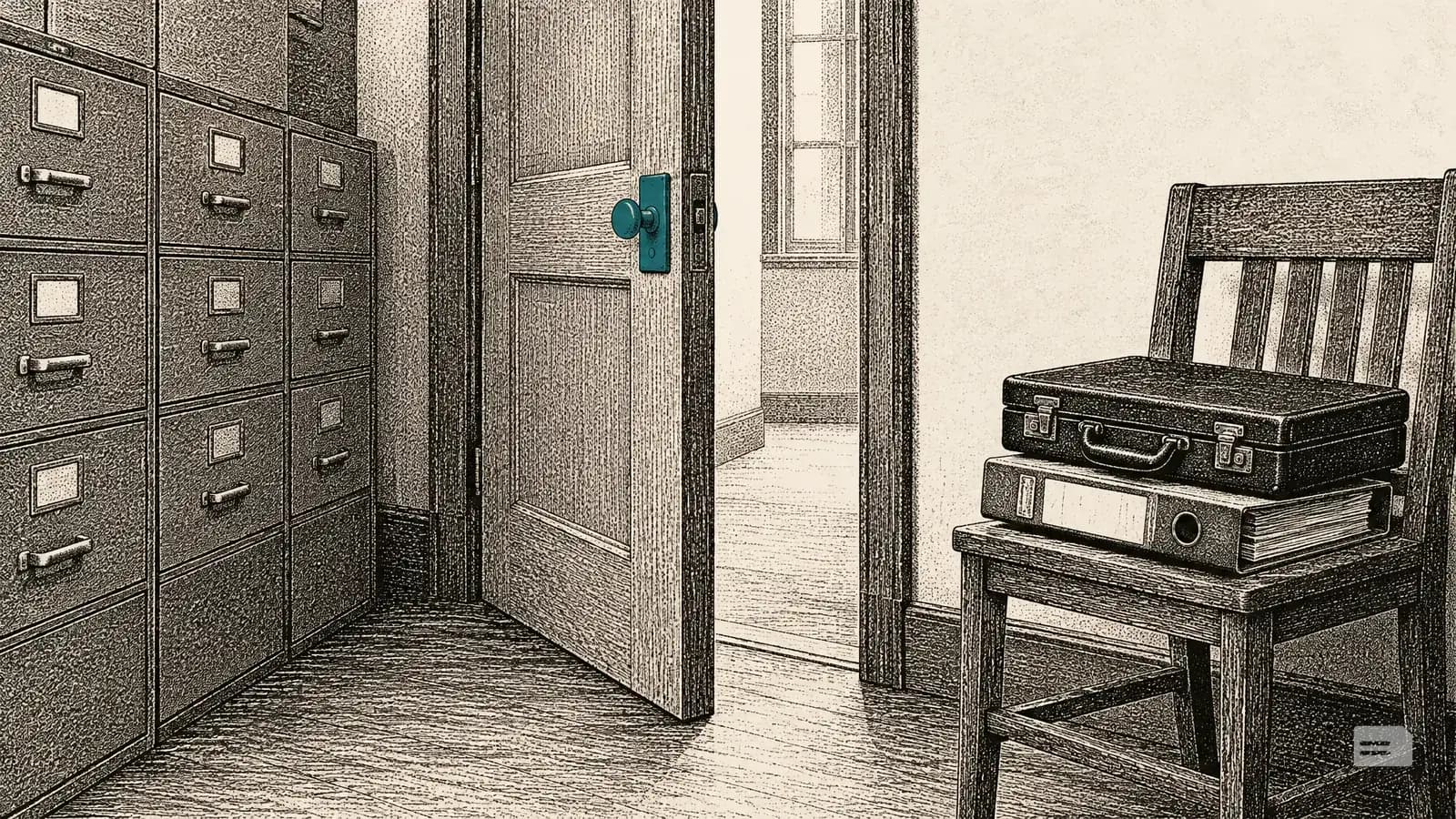 Stipple engraving of a half-open office door with a briefcase and a binder on a chair beside it