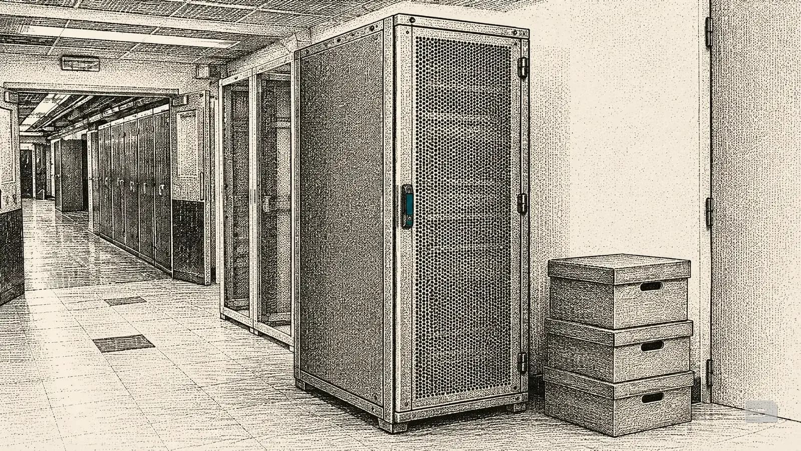 Stipple engraving of a closed server cabinet beside a stack of archive boxes