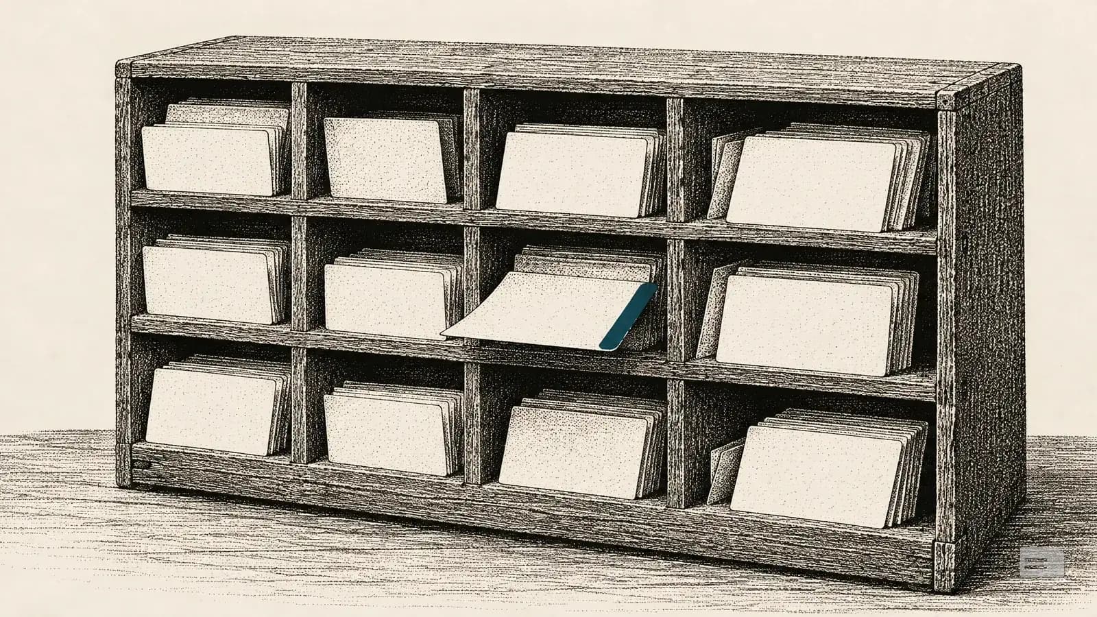 Stipple engraving of a pigeonhole rack holding blank postcards, one card pulled half out