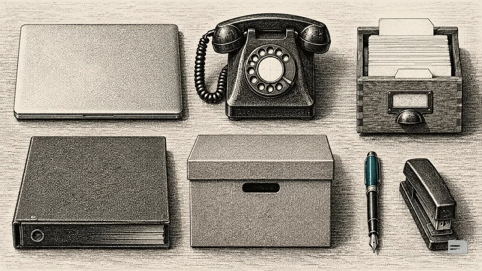 Stipple engraving from above of a desk kit: laptop, phone, card box, binder, pen and stapler