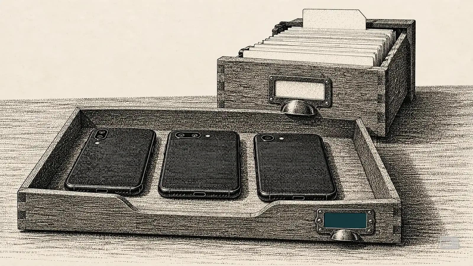 Stipple engraving of three face-down mobile phones in a document tray before an index drawer