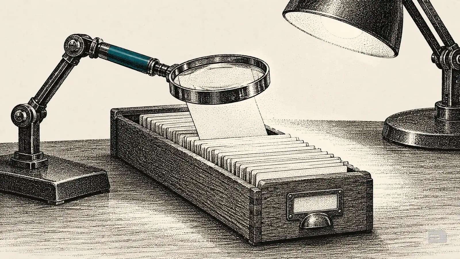 Stipple engraving of a magnifier on a stand over a long tray of index cards