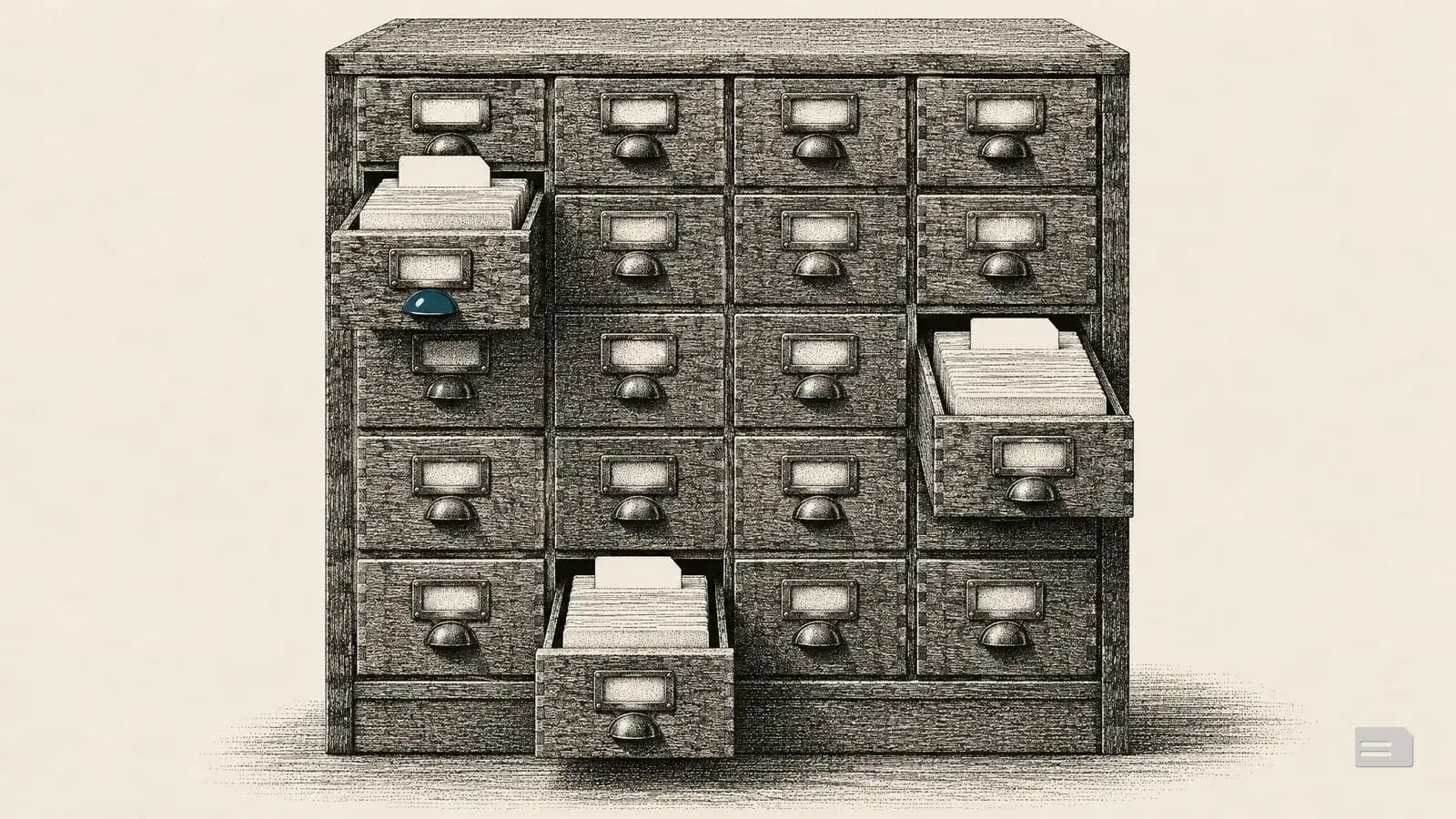 Stipple engraving of a tall card-index cabinet with three small drawers pulled out