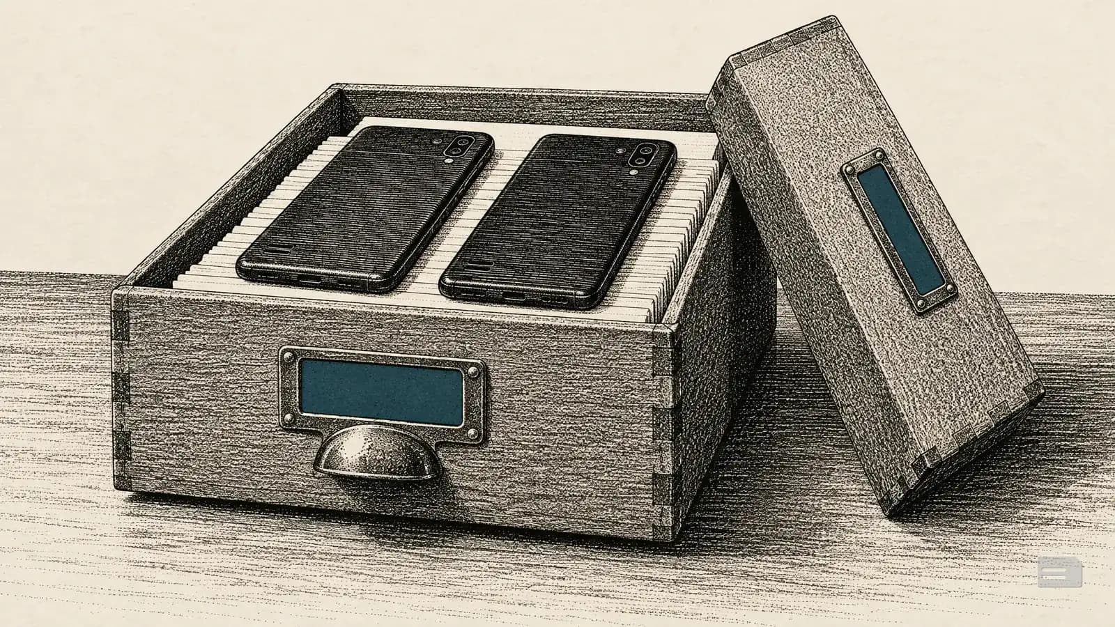 Stipple engraving of two face-down mobile phones lying in an archive box of index cards