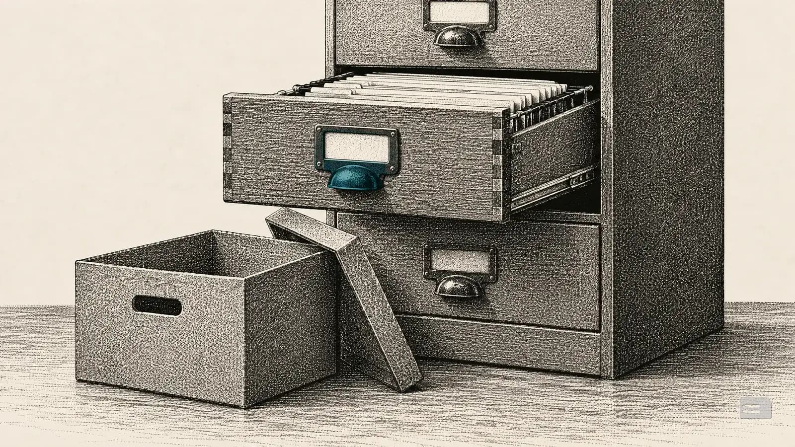 Stipple engraving of a filing cabinet with an open drawer and an empty archive box in front