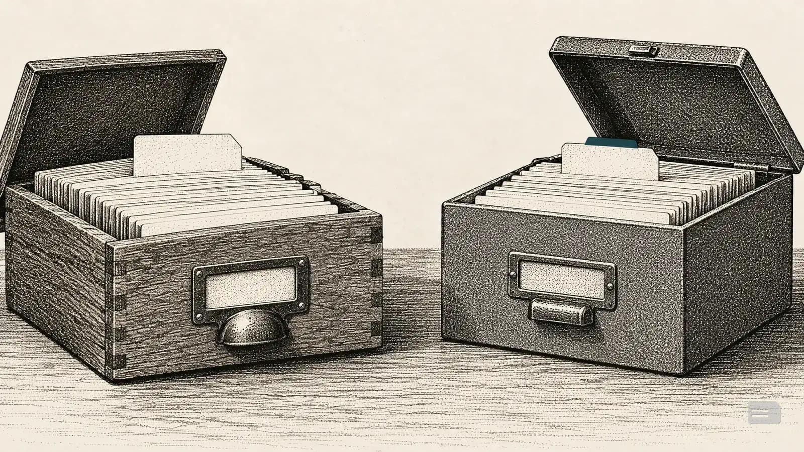 Stipple engraving of two open card-index boxes, one wooden and one metal, facing each other