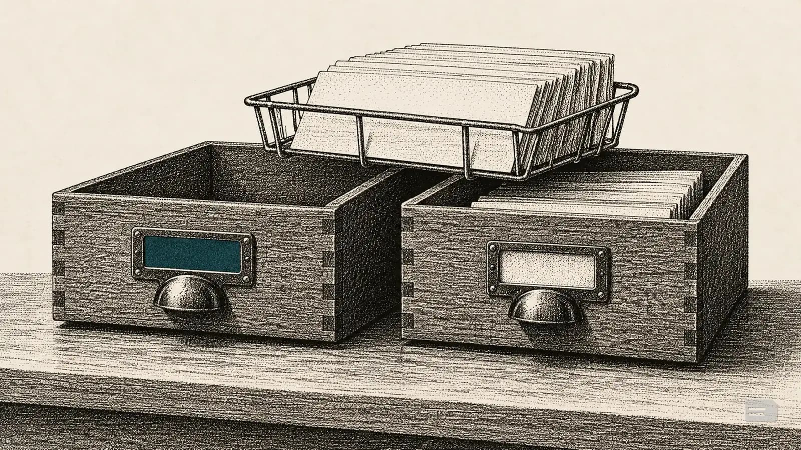 Stipple engraving of index cards moving between two open archive boxes on a shelf