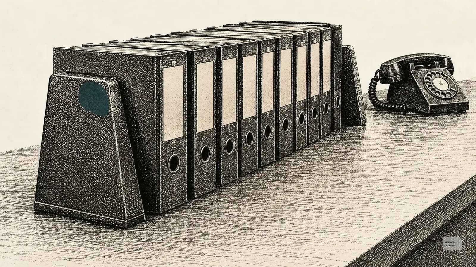 Stipple engraving of a long run of lever-arch files between bookends on a back-office counter