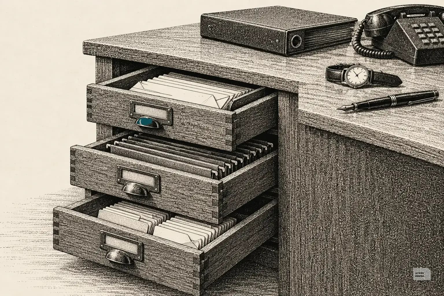 Stipple engraving of a desk with three drawers pulled out holding envelopes, folders and cards
