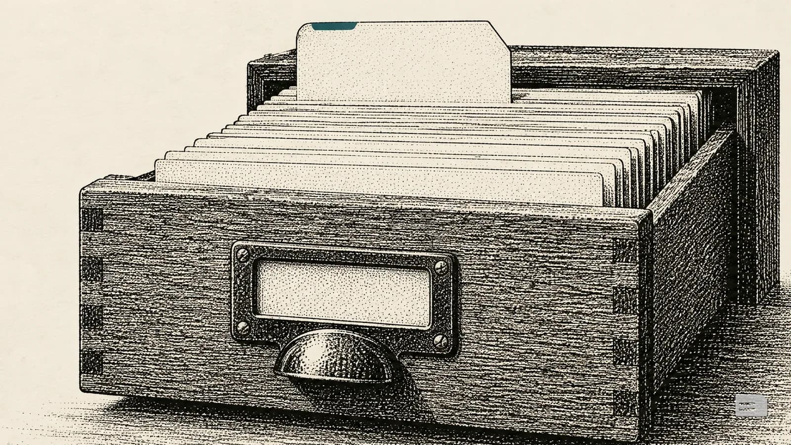 Stipple engraving of an index drawer with one card pulled up against its guide card