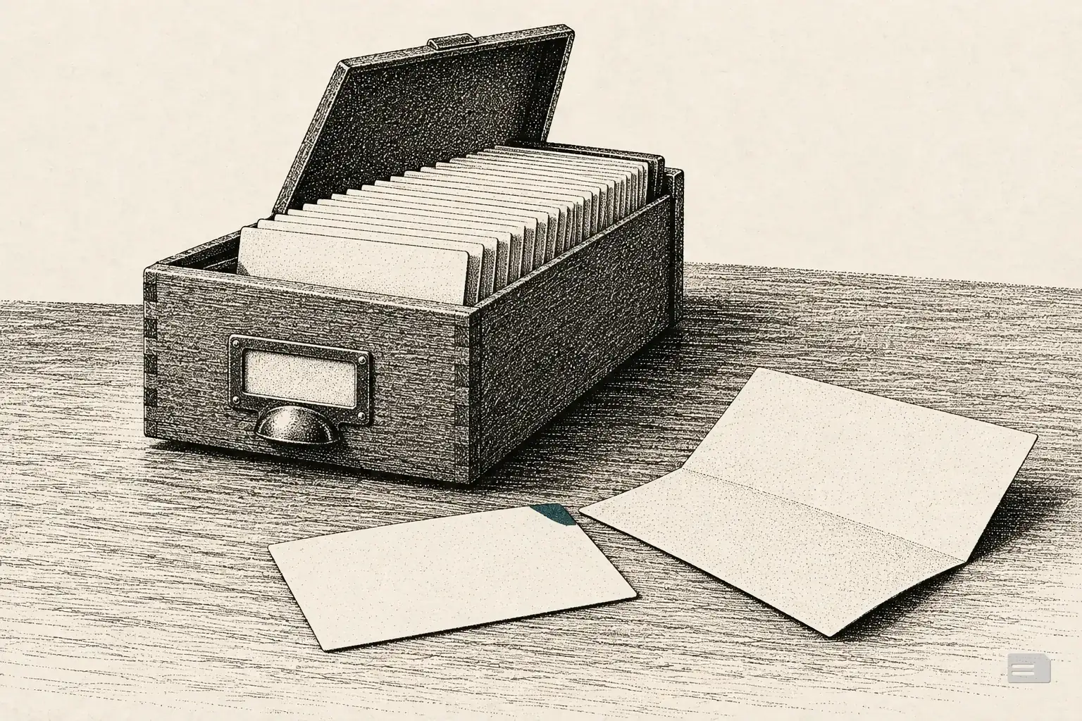 Stipple engraving of an open box of profile cards with one card laid beside a folded page