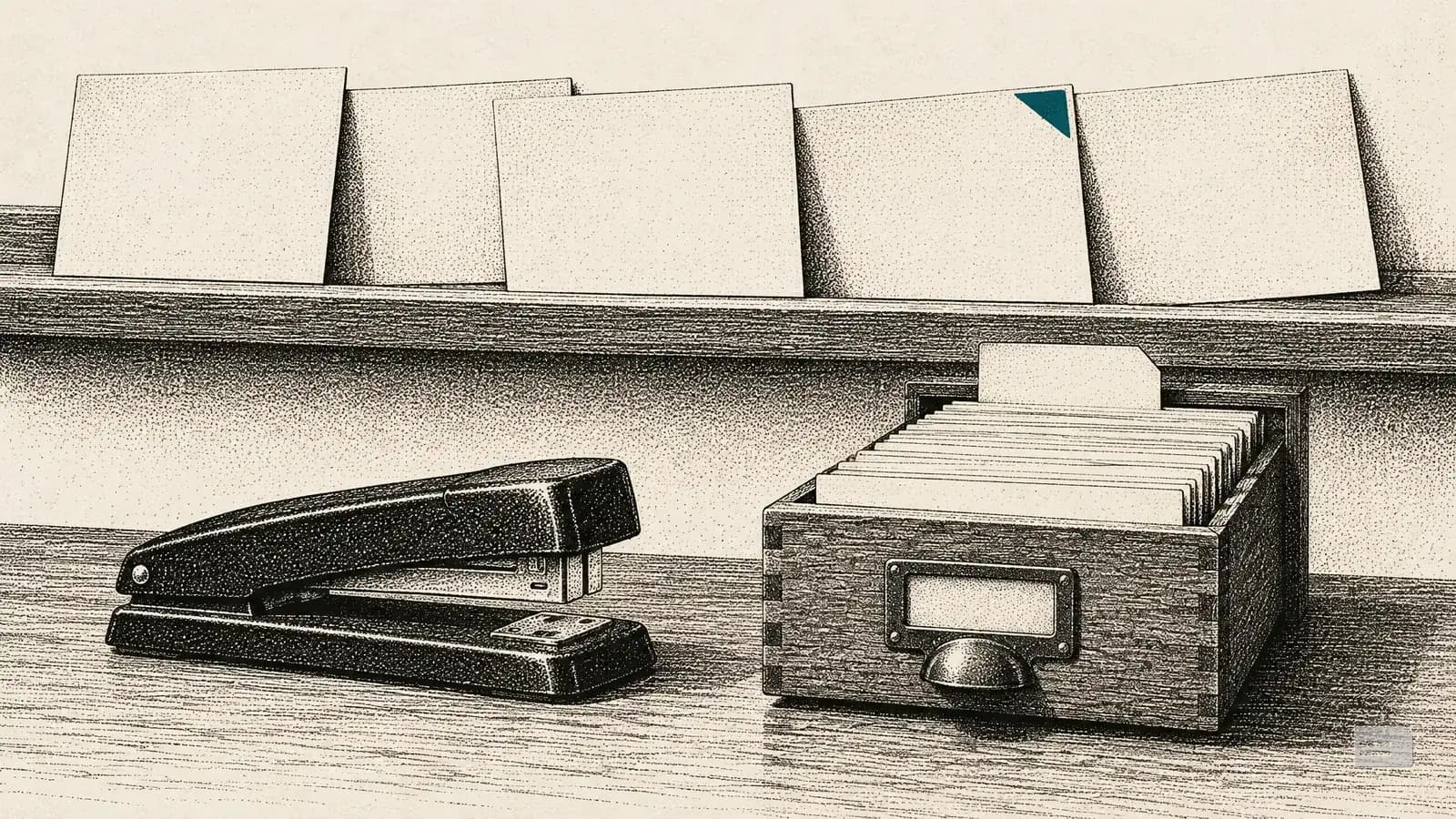 Stipple engraving of blank postcards on a ledge above a desk with a stapler and a card box