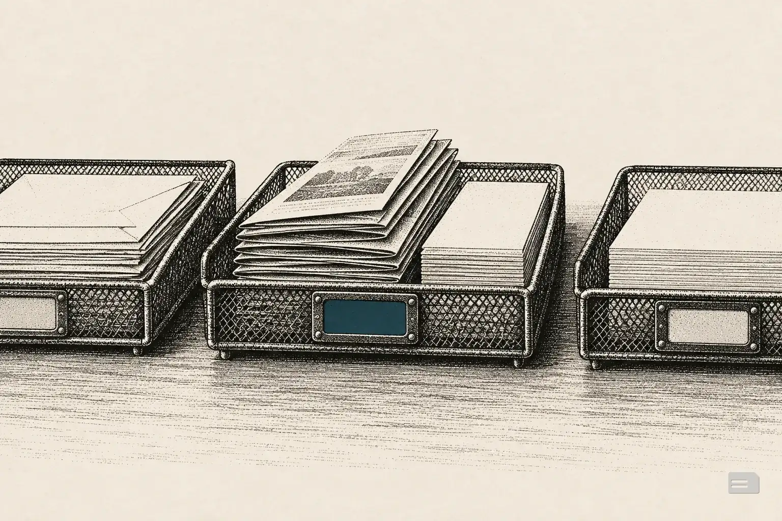 Stipple engraving of three wire trays holding letters, folded flyers and blank postcards