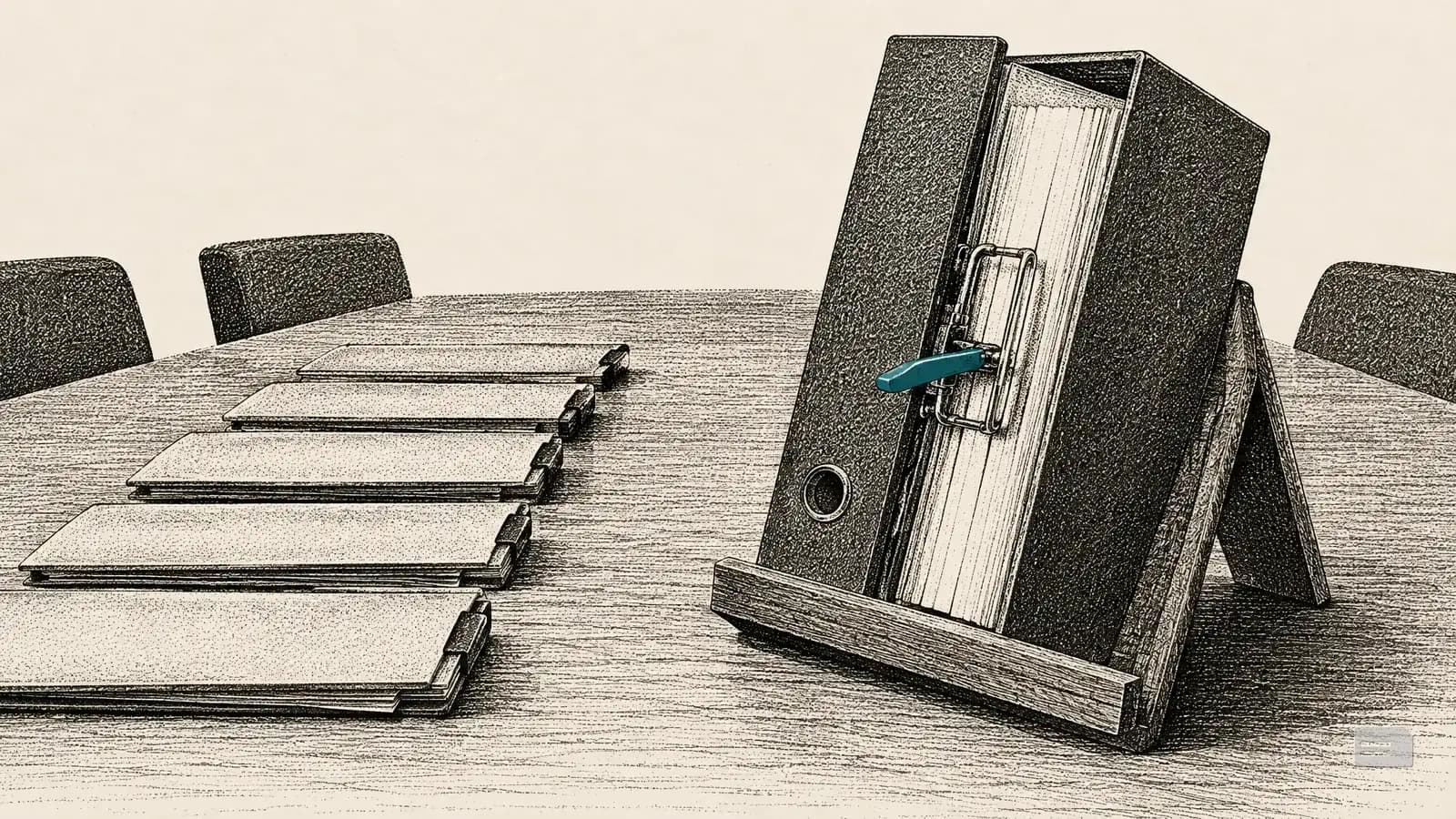 Stipple engraving of a lever-arch file open on a stand at the head of a table of folders