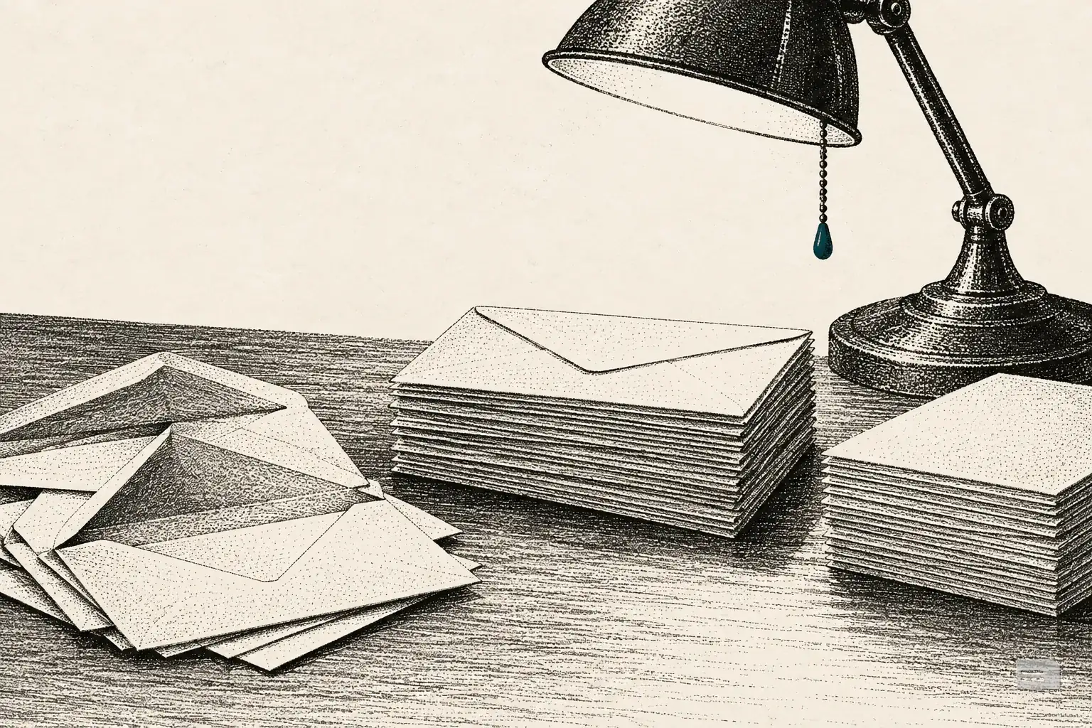 Stipple engraving of envelopes sorted into two stacks under a desk lamp