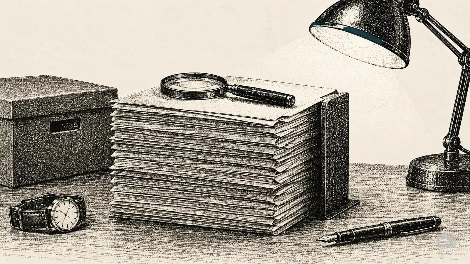 Stipple engraving of a tall stack of folders with a magnifier on top under a desk lamp