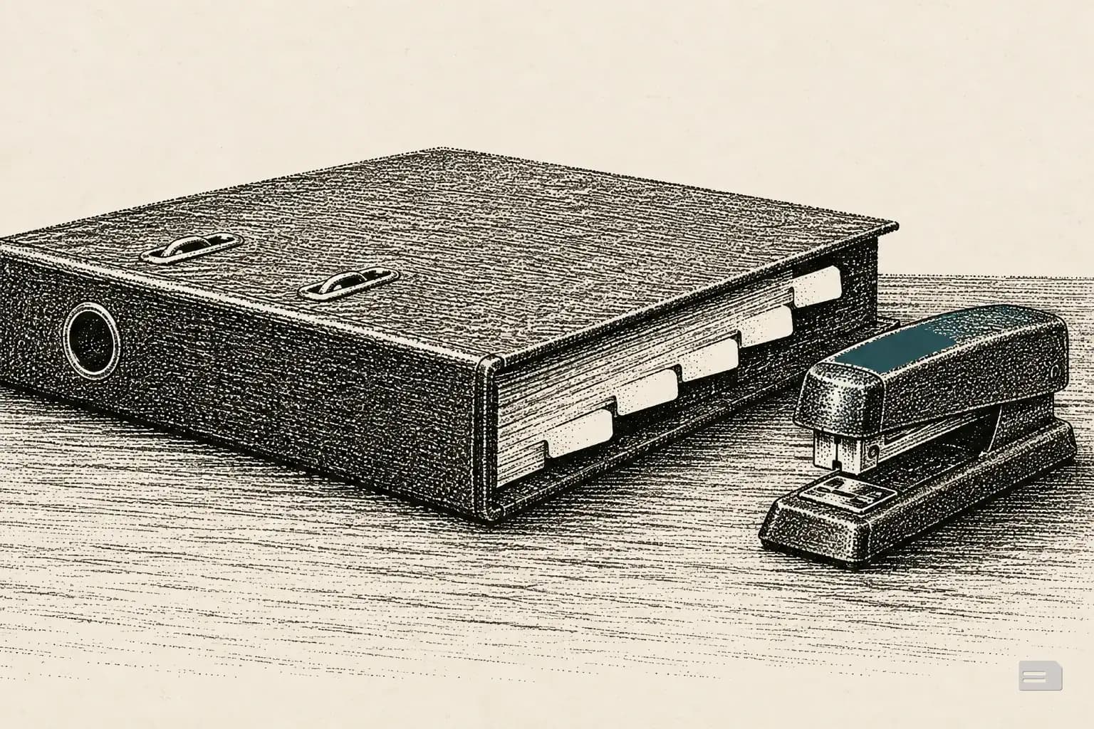 Stipple engraving of a closed ring binder with four tab dividers and a stapler beside it