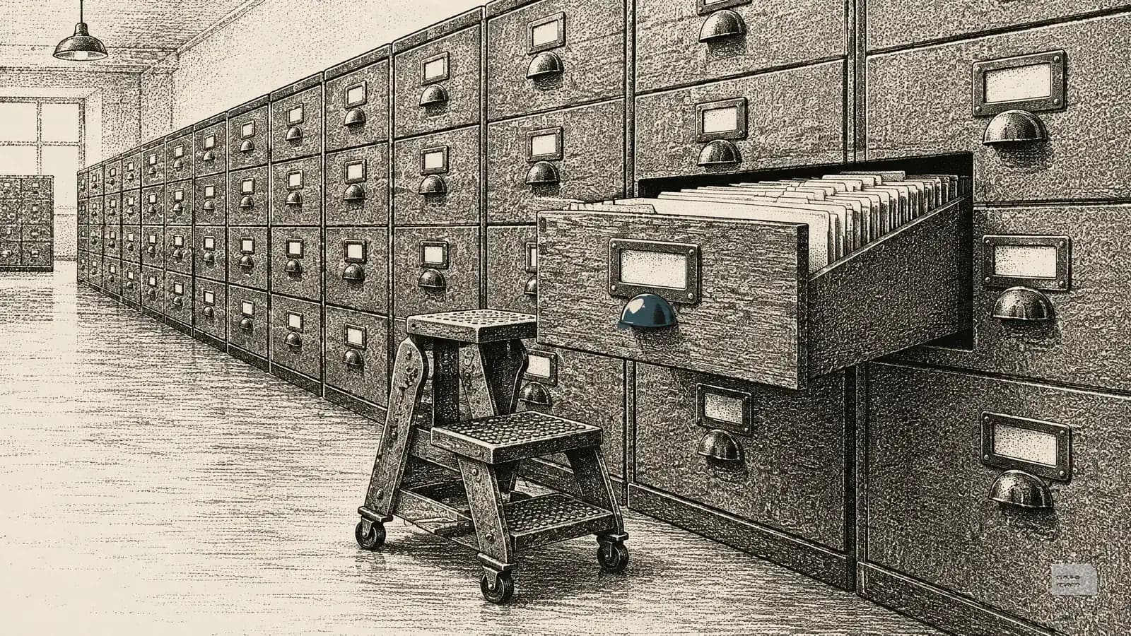 Stipple engraving of a long wall of filing cabinets with one drawer pulled fully out