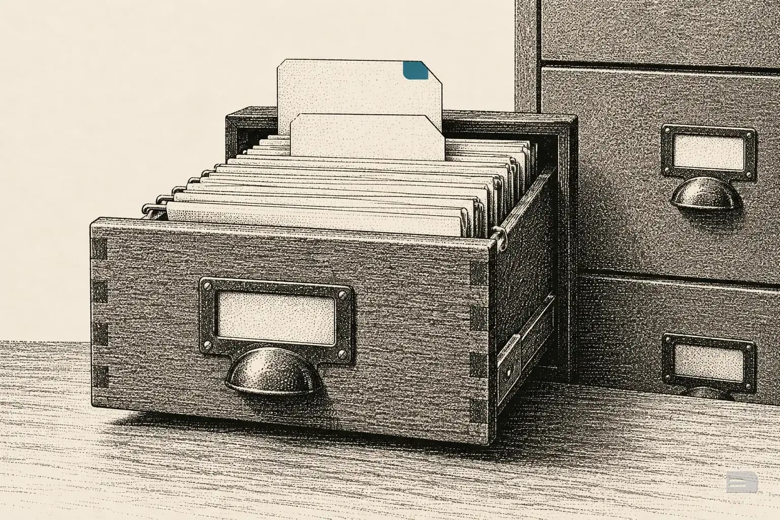Stipple engraving of an open filing drawer with two guide cards raised above the folders
