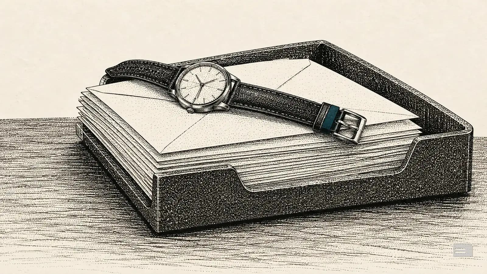 Stipple engraving of a wristwatch on a stack of sealed envelopes in an outgoing mail tray