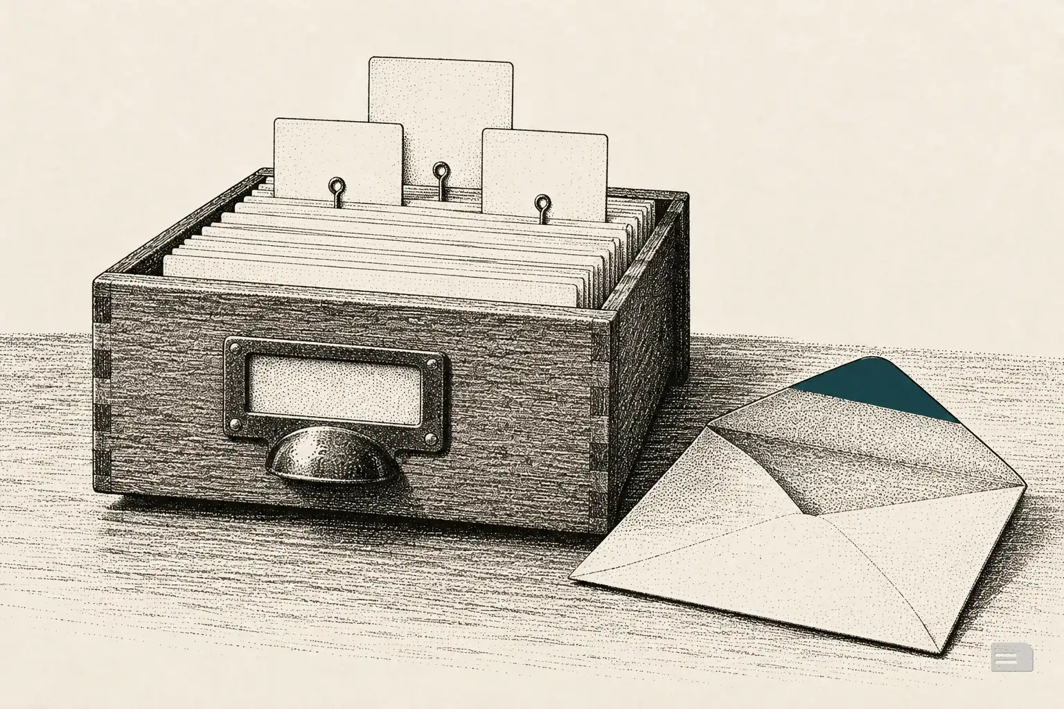 Stipple engraving of an index tray with three cards clipped up and an open envelope beside it