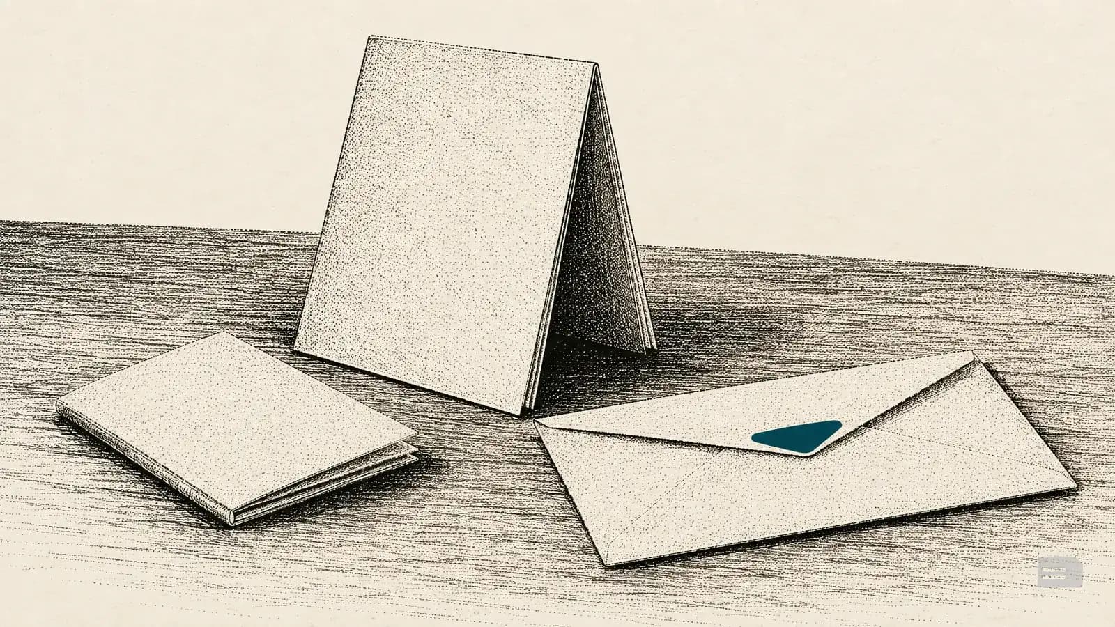 Stipple engraving of a blank booklet standing open beside a smaller booklet and an envelope