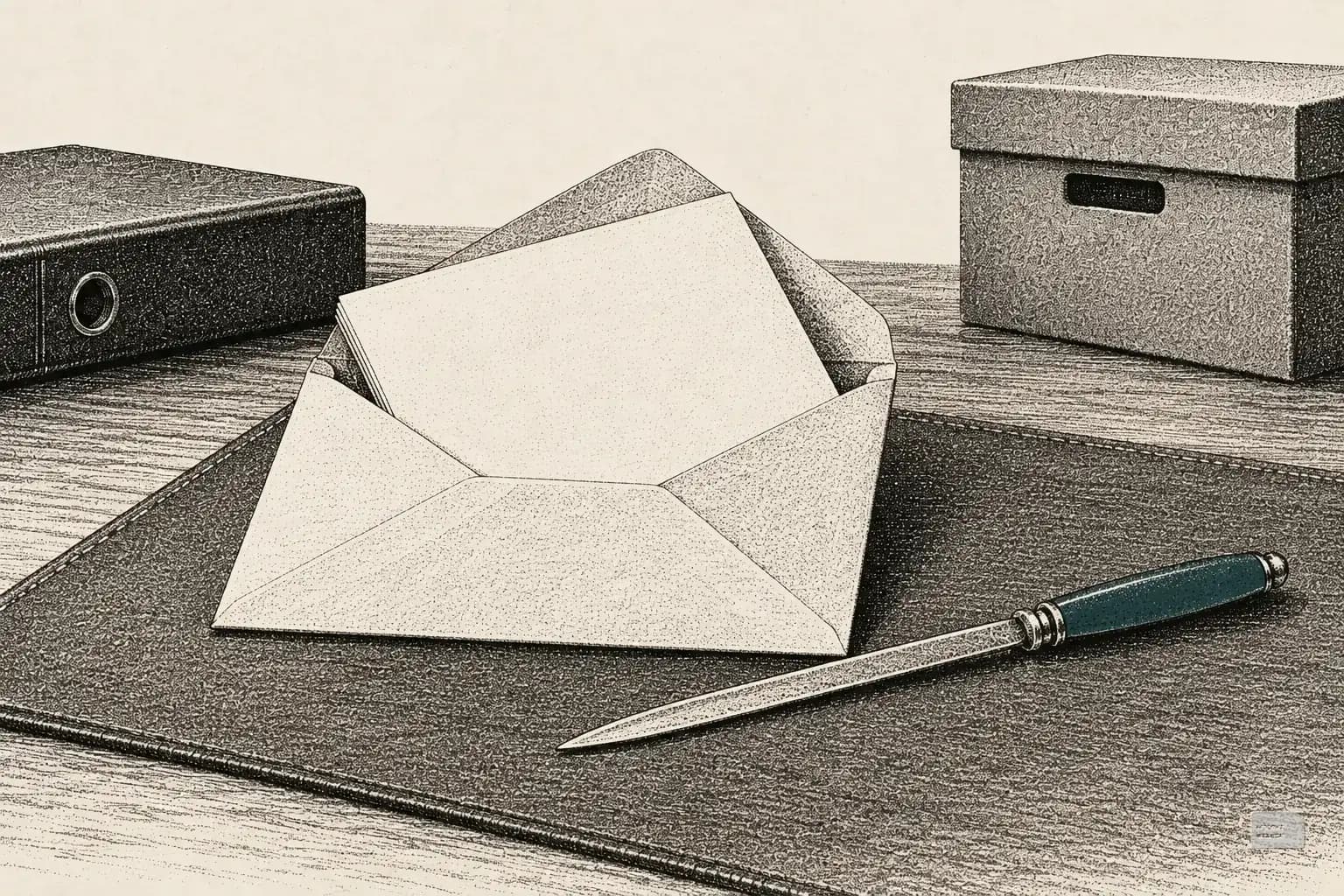 Stipple engraving of a blank booklet sliding into an open envelope beside a letter opener