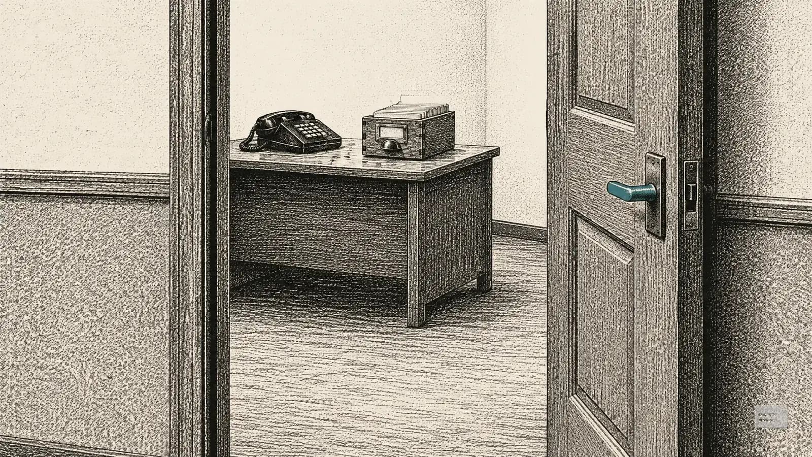 Stipple engraving of an open office door onto a bare room with one desk, phone and card box