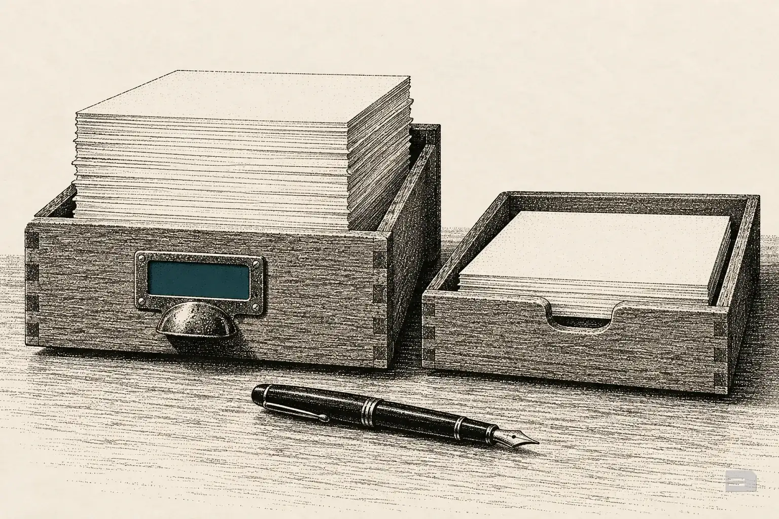 Stipple engraving of two document trays, one with a tall stack of forms and one with a short stack