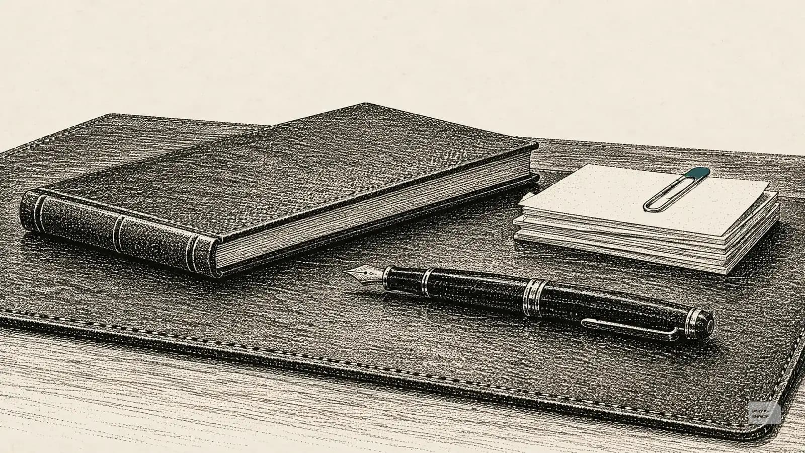 Stipple engraving of a closed handbook beside a clipped stack of blank slips and a pen
