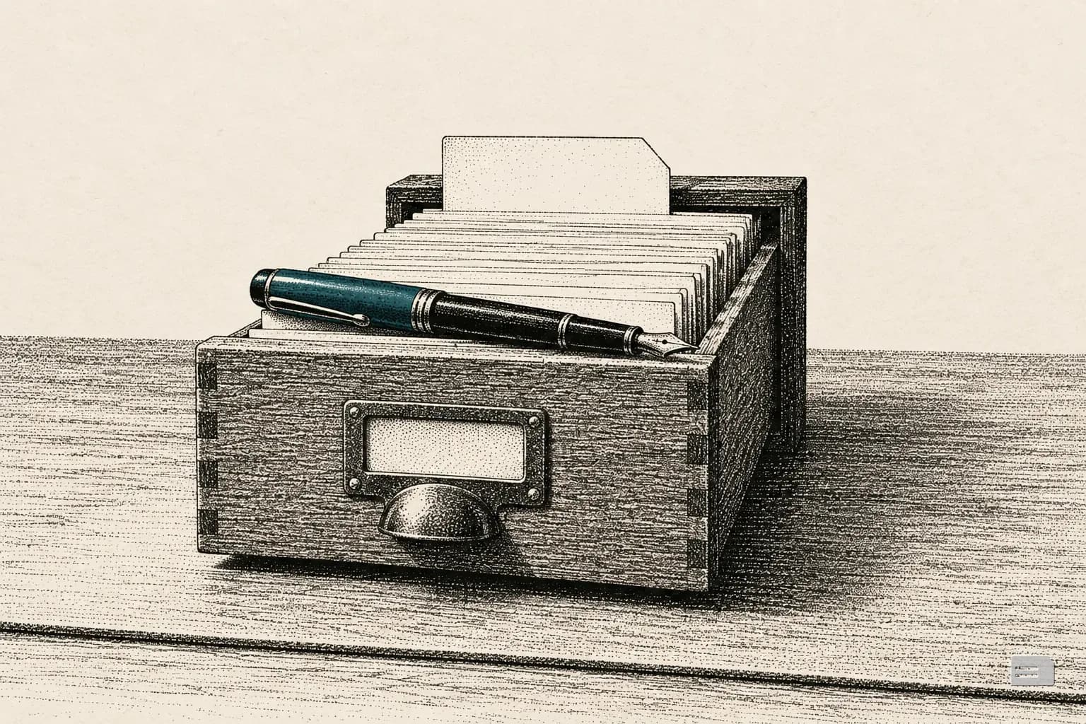 Stipple engraving of a narrow card box of plain slips with one drawn out and a pen across it