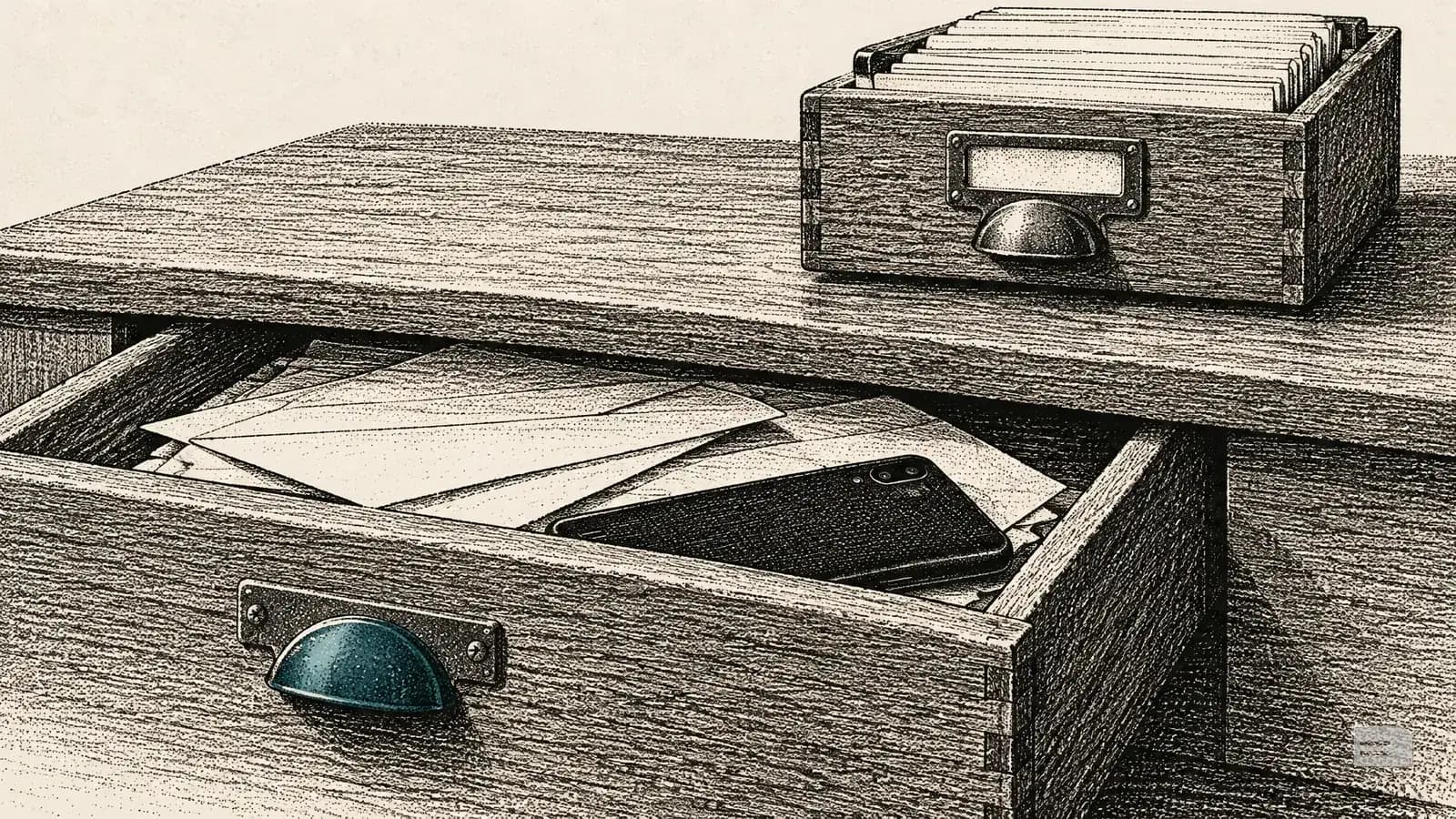 Stipple engraving of a face-down mobile phone tucked in a desk drawer below a tidy card box