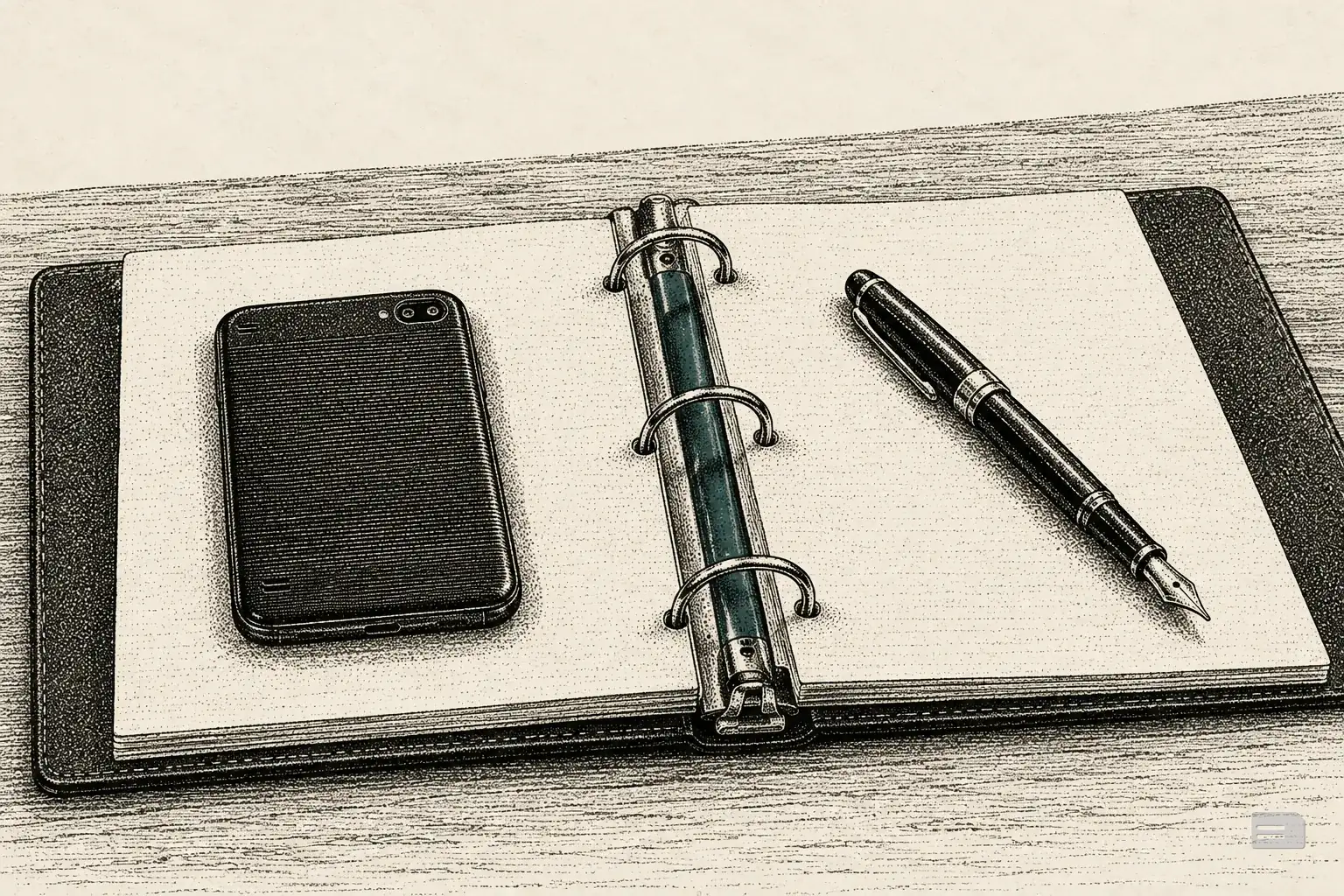 Stipple engraving of an open ring binder with a face-down mobile phone and a pen on its pages