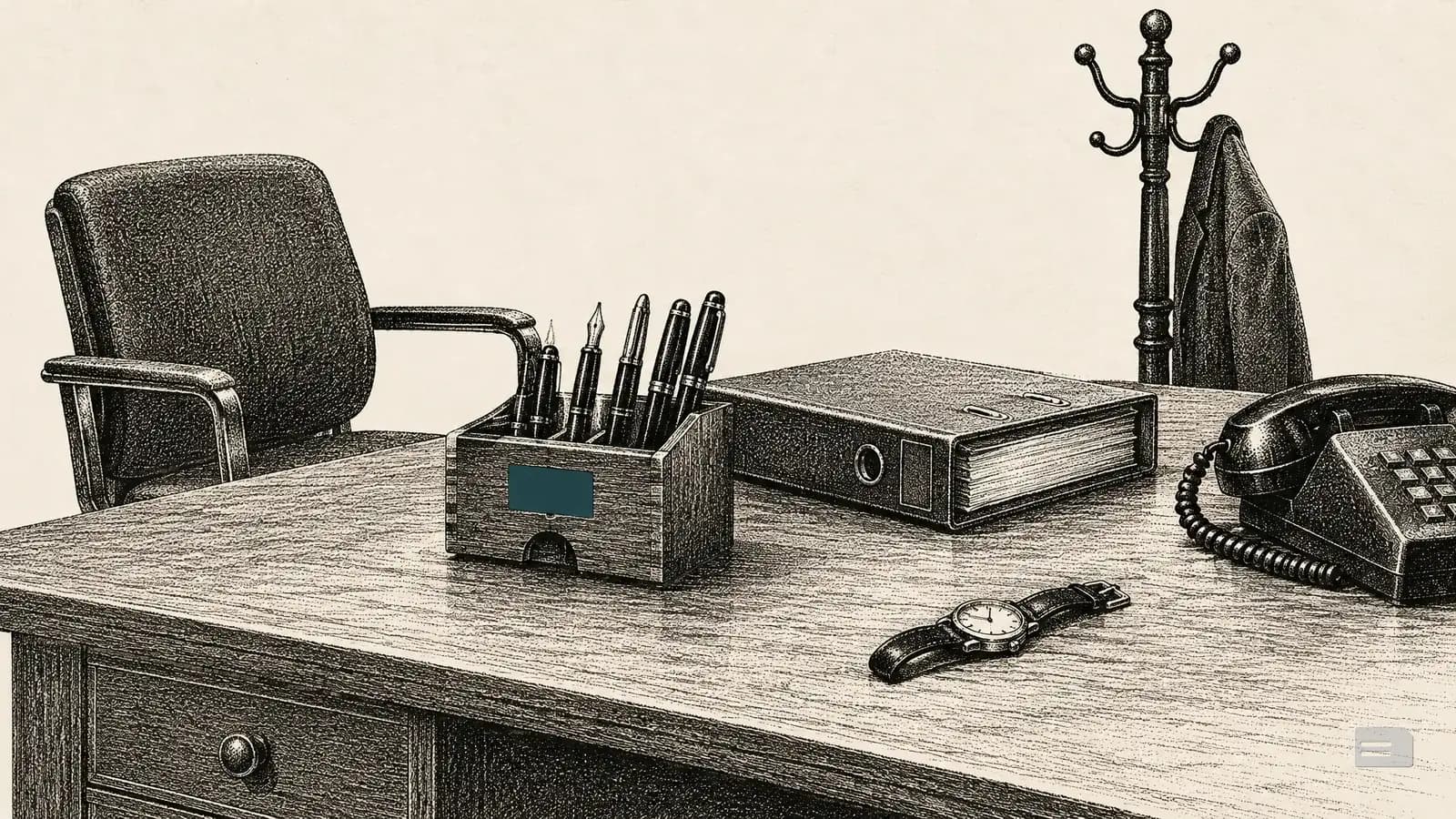 Stipple engraving of an empty desk and chair with a pen organiser, binder and desk phone