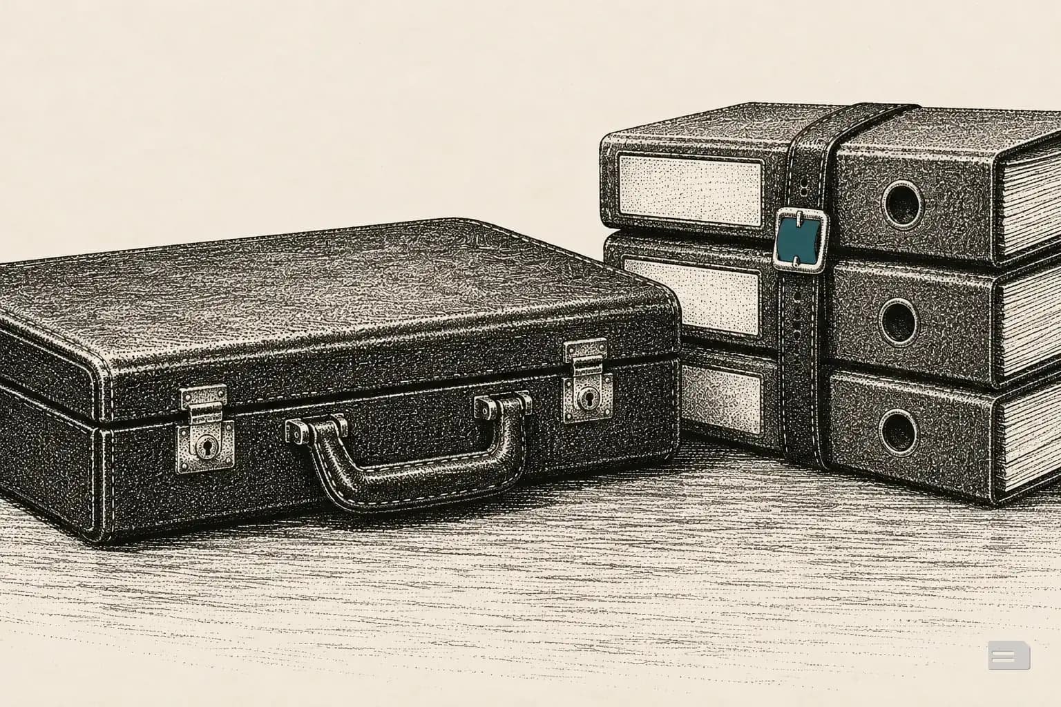 Stipple engraving of a closed briefcase beside a strapped stack of ring binders