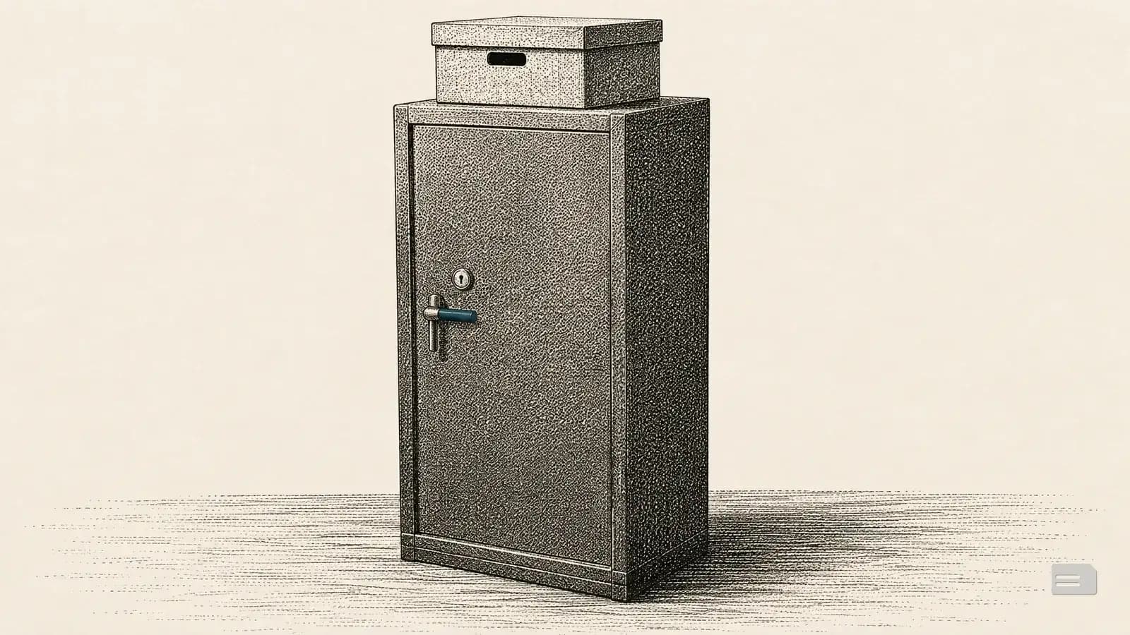 Stipple engraving of a tall closed steel safe with an archive box on top