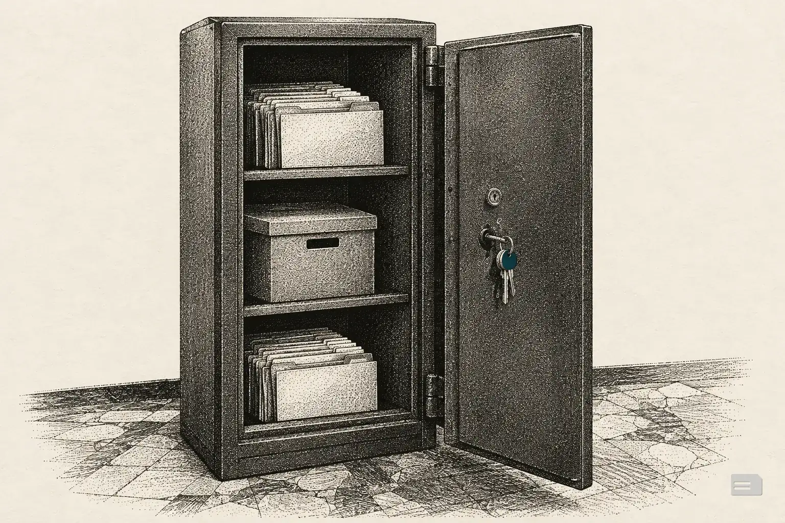 Stipple engraving of an open steel safe with folders and an archive box on its shelves